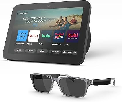 Amazon Echo Frames (newest model) + Echo Show 8 (newest model), Smart Glasses with Alexa, Modern Rectangle frames in Charcoal Gray with polarized sunglass lenses