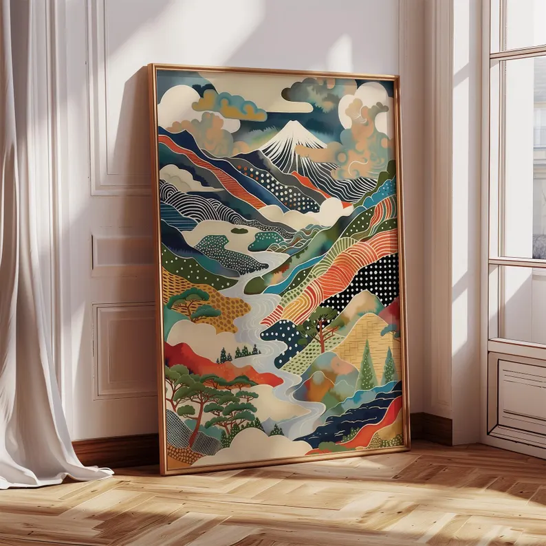 Mount Fuji Print Japanese Mountain Landscape Poster | Colourful Modern Art for Living Room, Bedroom or Office, Travel Wall Art Japan