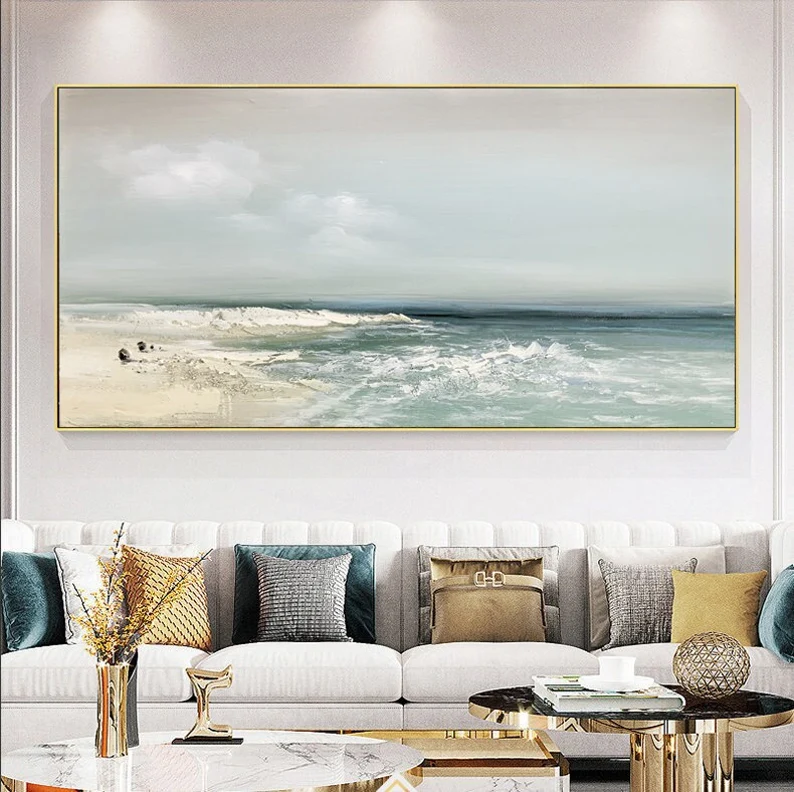Sandy Beach Ocean Oil Painting On Canvas Blue Sky White Clouds Abstract Seascape Coastal Wall Art Acrylic Painting Large Wall Art Home Decor