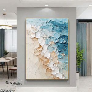 Original Ocean Beach Canvas Painting Large 3D Textured Ocean Painting Blue Textured Wall Art Beige Impasto Painting Living Room Painting