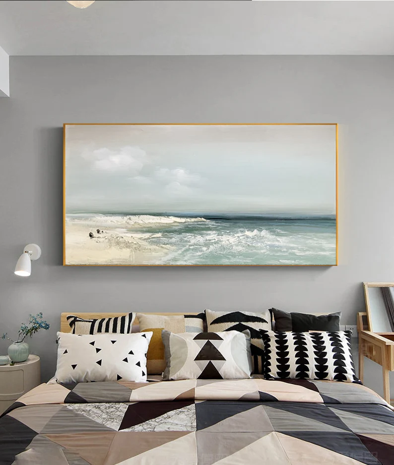 Sandy Beach Ocean Oil Painting On Canvas Blue Sky White Clouds Abstract Seascape Coastal Wall Art Acrylic Painting Large Wall Art Home Decor - Image 2