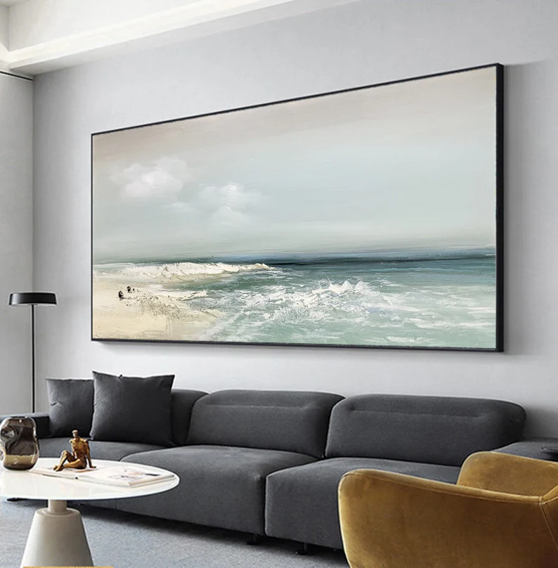 Sandy Beach Ocean Oil Painting On Canvas Blue Sky White Clouds Abstract Seascape Coastal Wall Art Acrylic Painting Large Wall Art Home Decor - Image 3