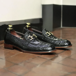 Men's Handmade Crocodile Texture Penny Loafers | New Horse bit Slip-On Dress Shoes | Exotic Black Formal Loafers | Luxury Footwear for Men
