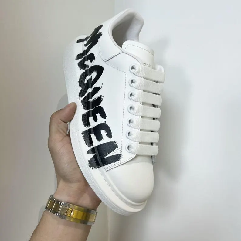 Alexander McQueen Style Custom White Sneakers – Graffiti Streetwear Shoes for Men & Women | Bold Hand Painted Look - Image 3