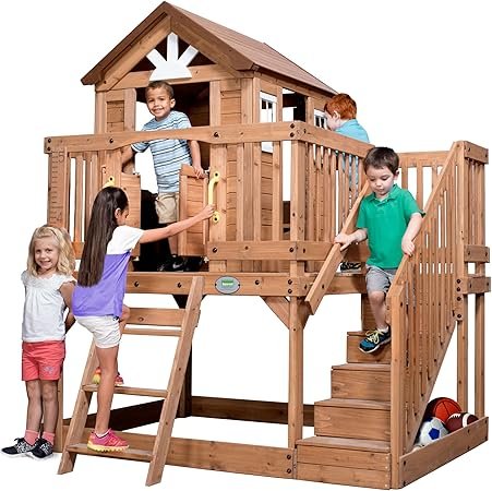 Backyard Discovery Scenic Heights Elevated Cedar Wooden Kids Playhouse with Play Kitchen, Wrap-Around Deck, Toy Storage Bench, Saloon-Style Doors, Ladder, Stairs, and Growth Chart for Outdoor Play - Image 3