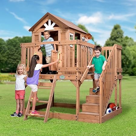 Backyard Discovery Scenic Heights Elevated Cedar Wooden Kids Playhouse with Play Kitchen, Wrap-Around Deck, Toy Storage Bench, Saloon-Style Doors, Ladder, Stairs, and Growth Chart for Outdoor Play - Image 2