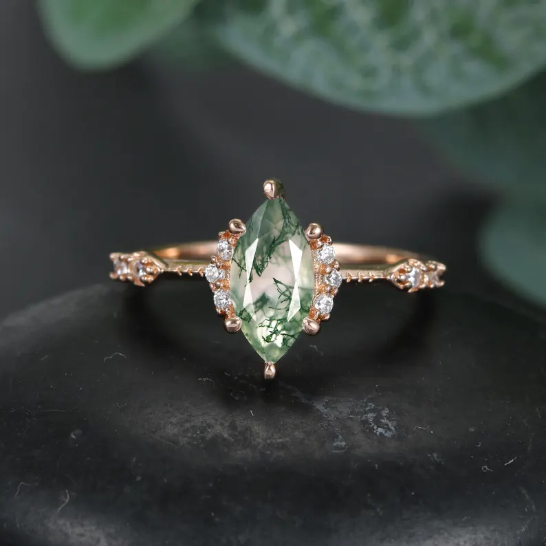 Unique Marquise cut moss agate Engagement Ring vintage S925 Silver Wedding Ring Green Agate Gemstone Ring, Anniversary Gift for Her - Image 2