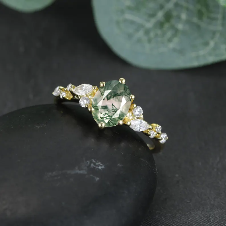 vintage moss agate Engagement Ring unique Oval cut Art deco S925 Silver Wedding Ring Green Agate Gemstone Ring, Jewelry Gift for Her