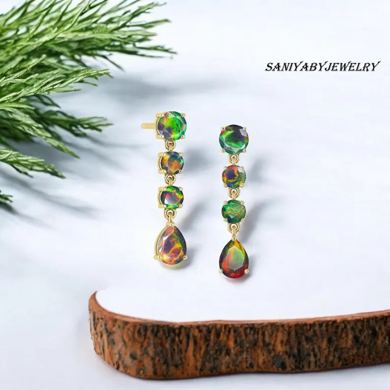 AAA Natural Ethiopian black Opal Earrings for women, Fire Opal Earrings, Dangle Earring, Gold Earring, Minimalist Earrings, Wedding Earrings