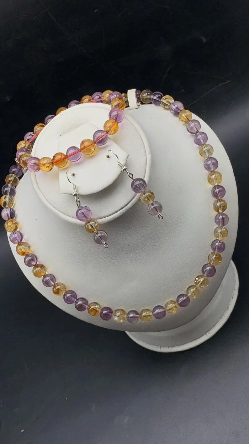 Natural High Quality Ametrine 8 mm Beads Necklace Bracelet Earring Set