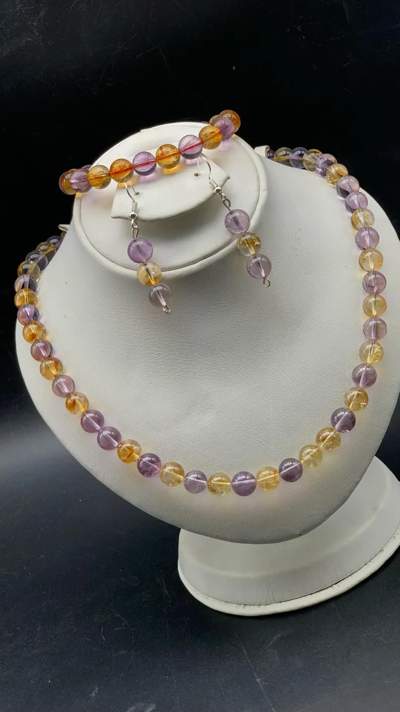 Natural High Quality Ametrine 8 mm Beads Necklace Bracelet Earring Set - Image 2