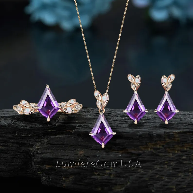 Unique Kite Cut Amethyst Ring,Earrings,Necklace Engagement Bridesmaid Gift Jewelry Set Wedding Bridal Leaf Nature Inspired Anniversary Gift