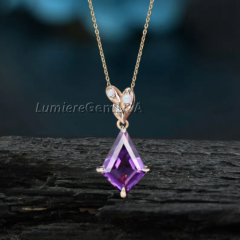 Unique Kite Cut Amethyst Ring,Earrings,Necklace Engagement Bridesmaid Gift Jewelry Set Wedding Bridal Leaf Nature Inspired Anniversary Gift - Image 2
