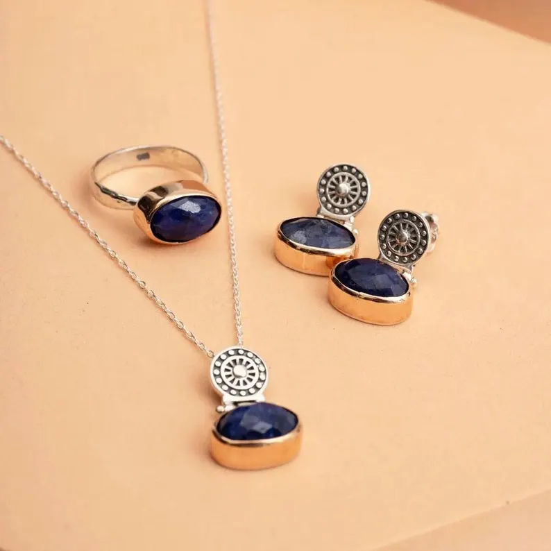 Antique Handmade Sapphire Jewelry Set | Adjustable Ring, Earrings & Pendant | 925 Oxidized Silver
