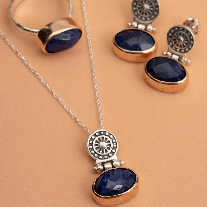 Antique Handmade Sapphire Jewelry Set | Adjustable Ring, Earrings & Pendant | 925 Oxidized Silver - Image 2