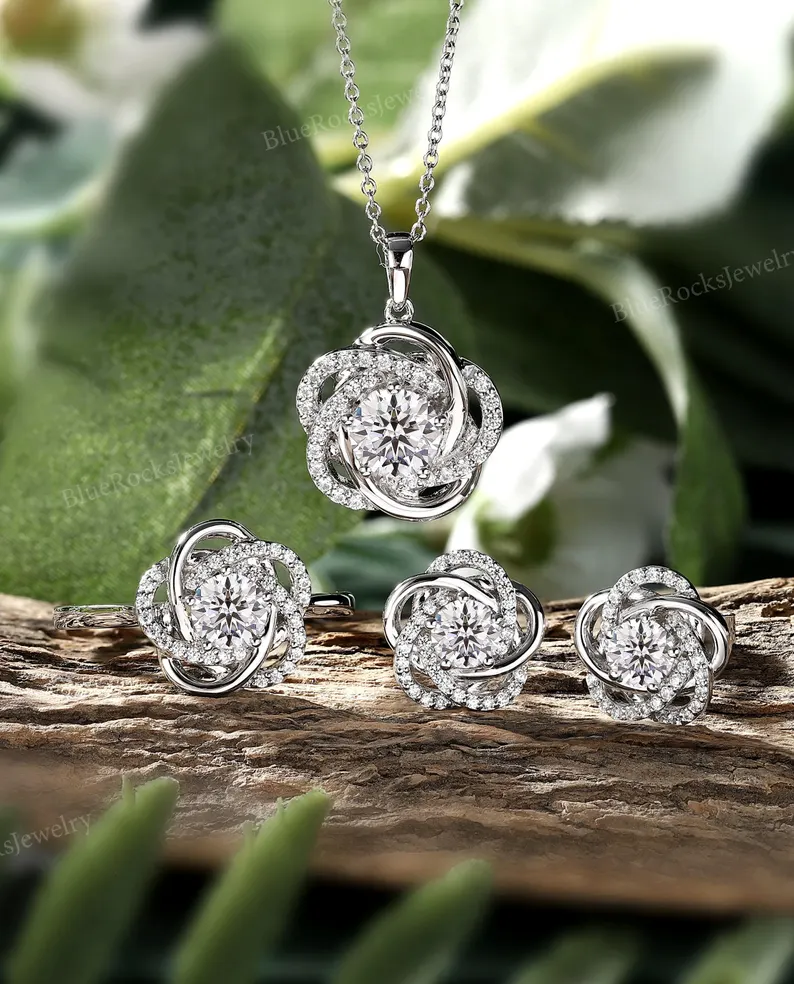 Unique Infinity Knot Moissanite Jewelry Set,Wedding Pendant Ring Stud Earrings Set,White Gold Bridal Wedding Jewelry,Custom Anniversary Gift