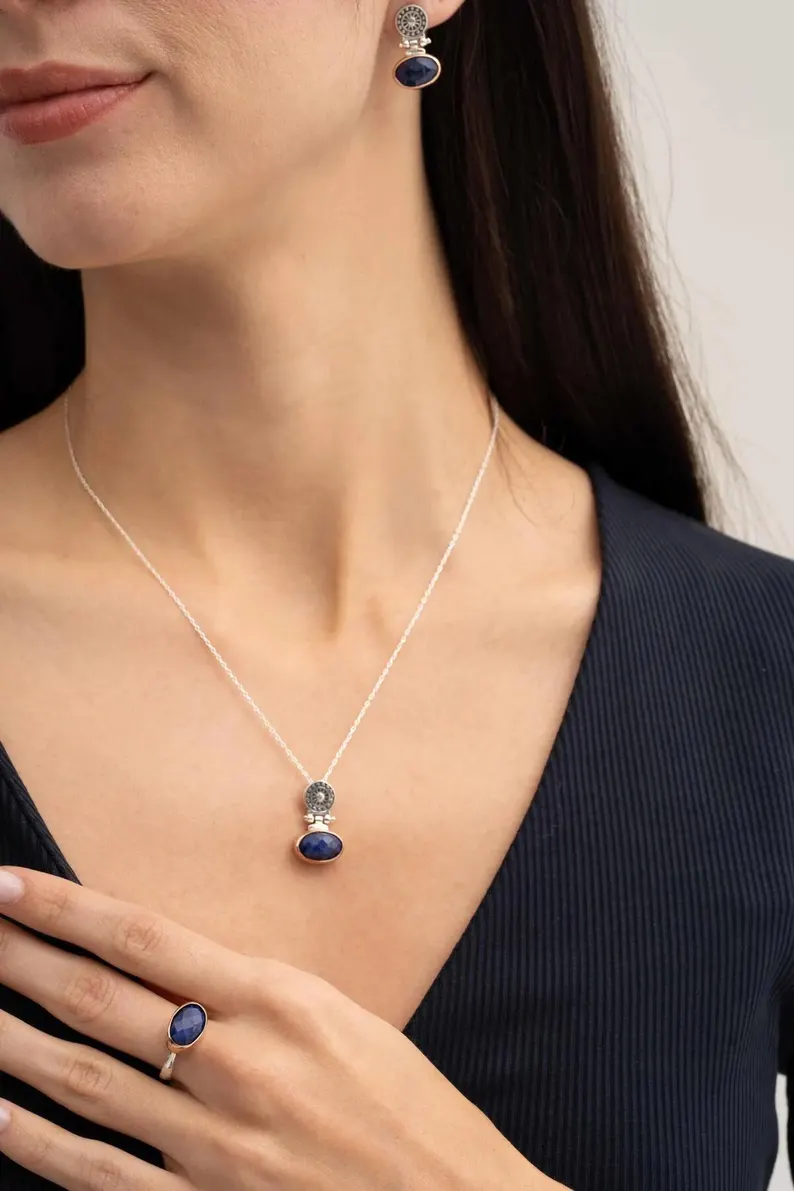 Antique Handmade Sapphire Jewelry Set | Adjustable Ring, Earrings & Pendant | 925 Oxidized Silver - Image 3