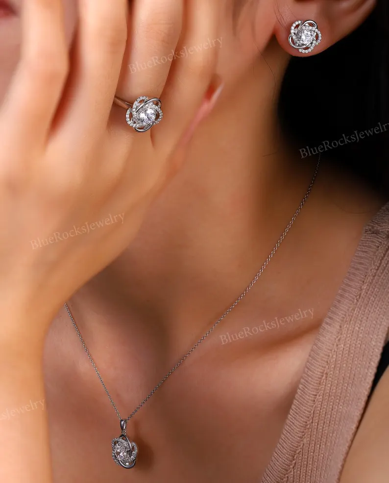 Unique Infinity Knot Moissanite Jewelry Set,Wedding Pendant Ring Stud Earrings Set,White Gold Bridal Wedding Jewelry,Custom Anniversary Gift - Image 2