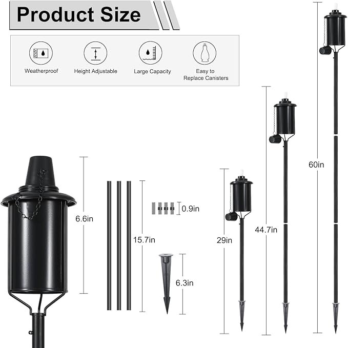 6 Pack Metal Citronella Torches, Torches Garden for Outside 60 inch Flickering Flame Citronella Outdoor Light Torch,Metal Torches for Outside, Camping Patio Pathway Table Torch(Jet Black) - Image 2