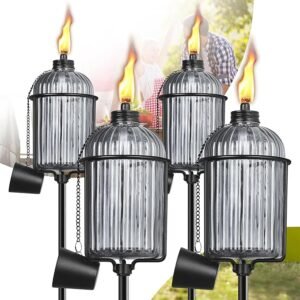 4 Pack Gray Glass Garden Torch, Colorful Outdoor Torch Garden Décor,61-Inch Upgraded Citronella Torches with 3-Prong Grounded Stake, Metal Light Torches for Party Patio Pathway