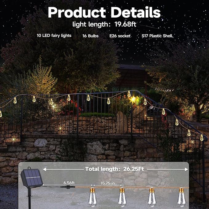 Solar Outdoor String Lights, 20Ft Vintage Rope Hemp Solar Patio Lights, Waterproof Warm White Solar Powered String Lights With 8 Modes 16 Shatterproof Bulbs for Garden Fence Stairs Balcony Café Bistro - Image 2