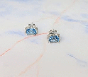 14K White Gold Genuine Blue Topaz Emerald Cut Diamonds Stud Earrings