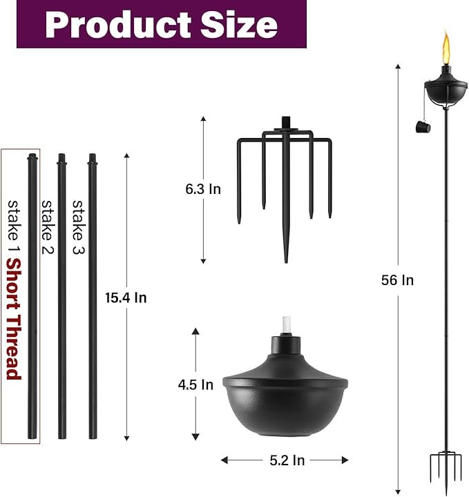 ZSPENG Home Garden Metal Torch Set of 6, Outdoor Citronella Torches with 5-Prong Grounded Stake, 56-Inch Adjustable Height, 23.5 oz Capacity for Patio, Pathway, Party (Ultra-Stable Design, Black) - Image 3