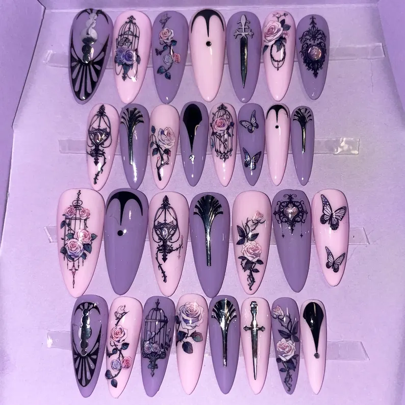 Kit 30 pièces. Rose et violet avec cages à oiseaux et roses. Tailles 0 à 11. Réutilisables, Press-on nails, faux ongles. Fini brillant - Image 2