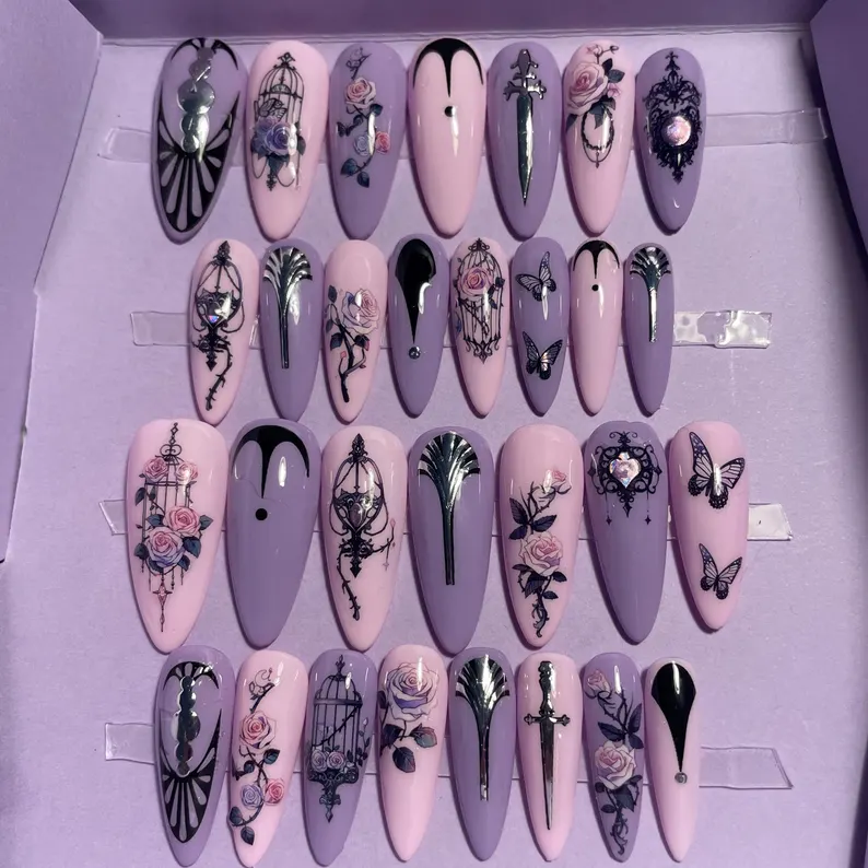 Kit 30 pièces. Rose et violet avec cages à oiseaux et roses. Tailles 0 à 11. Réutilisables, Press-on nails, faux ongles. Fini brillant - Image 3