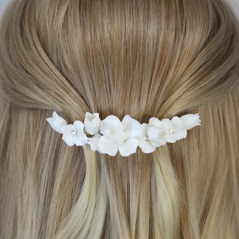 Porcelain White Flower Blossom Bridal French Hair Clip , Bridal Hair Accessories, Bridesmaid Gift, Wedding Hair Accessory, Large Hair Clip - Image 2