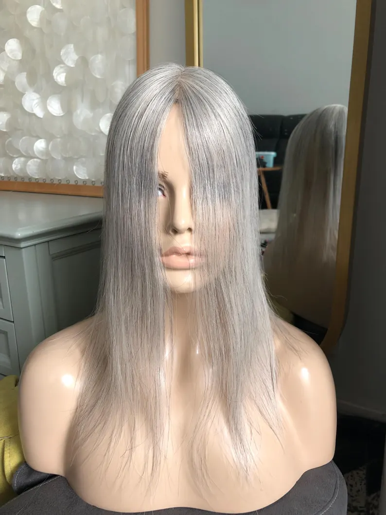 10-16" 3x5" Salt And Pepper Human Virgin Hair Toppers, Silver Blonde Gray Brazilian Virgin Hair Monofilament Toppers 90% Silver - Image 2