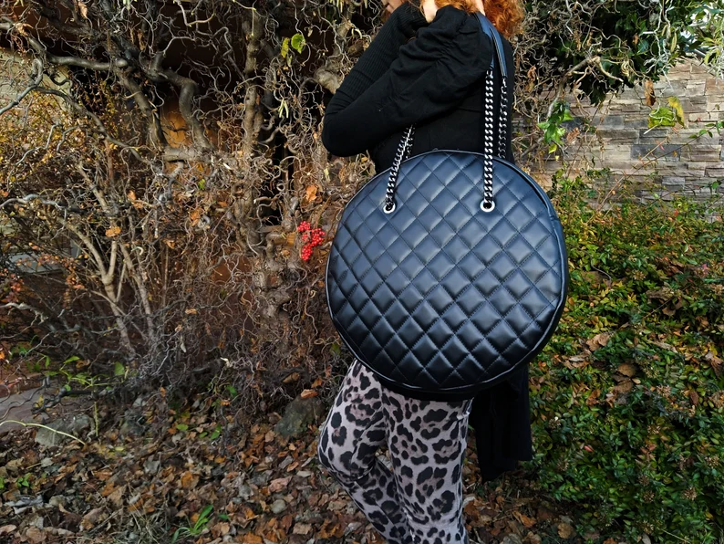 Diamonds Style Round Genuine Leather Shoulder Bag, Quilted Elegant Large Bag, Minimalist Round Bag, Women Handbag, Eternal Fashion Bag - Image 3