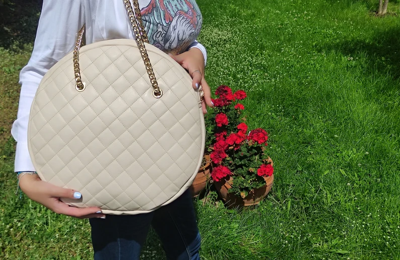 Diamonds Style Round Genuine Leather Shoulder Bag, Quilted Elegant Large Bag, Minimalist Round Bag, Women Handbag, Eternal Fashion Bag - Image 4