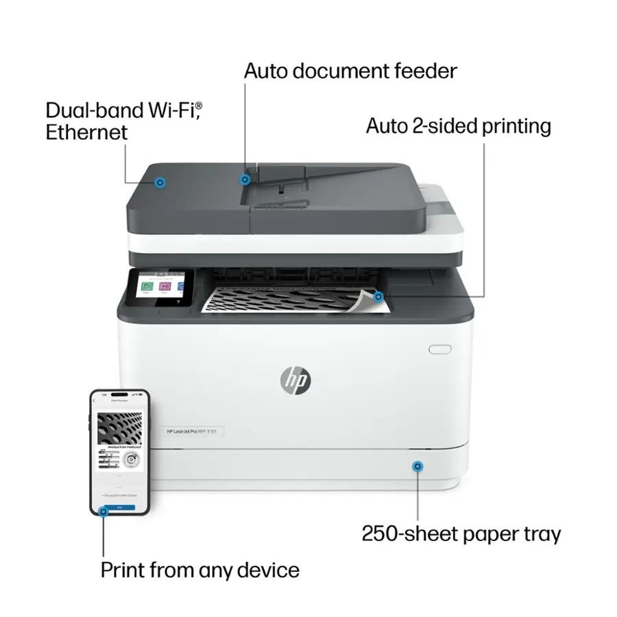 HP - LaserJet Pro MFP 3101fdw Wireless Black-and- All-in-One Laser Printer - White - Image 2