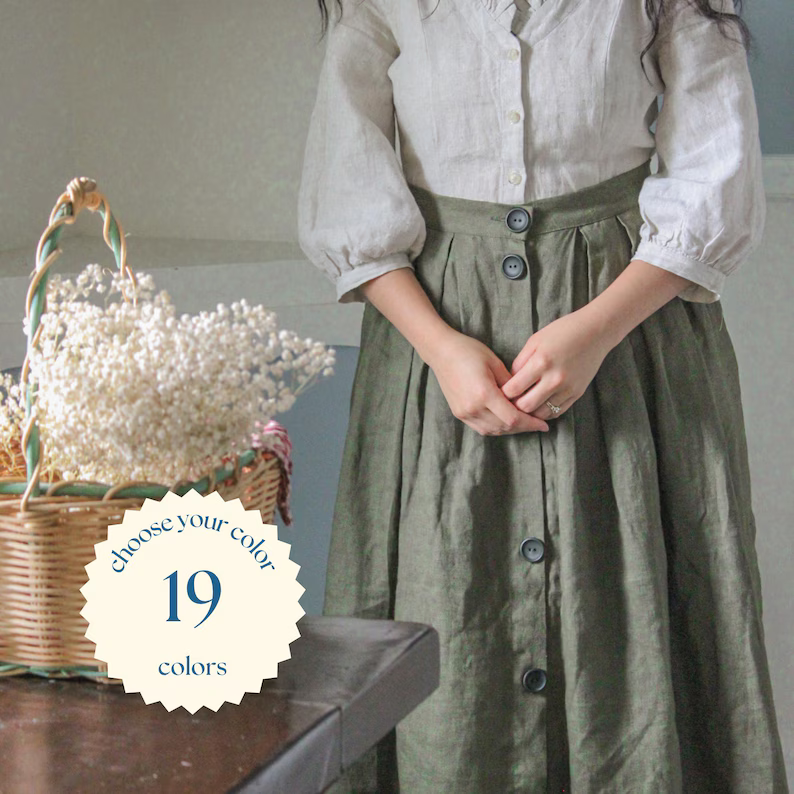 MOSS Long Linen Skirt With Buttons by Solen Mara. Features Pockets, Maxi Length & High Waist A-Line Shape