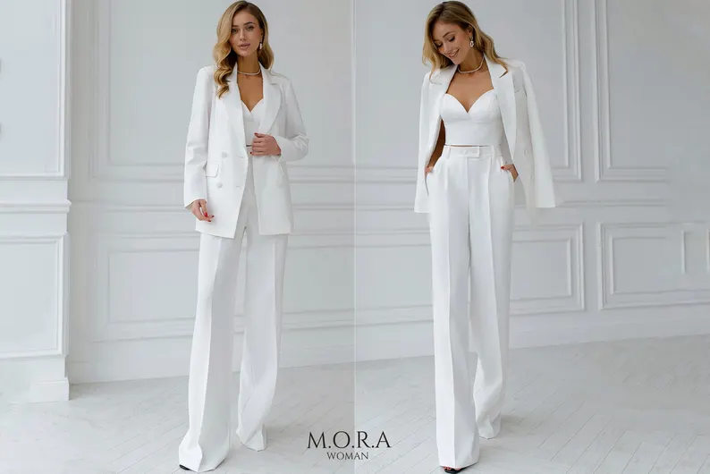 White Women Wedding Suit | Formal Bridal Trouser Outfit | Elegant 3-Piece Pantsuit | Classic Women's Ceremony Attire