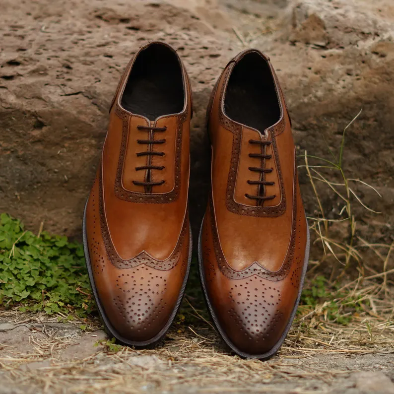 New Handmade Suede Leather Shoes For Men Brown Brogued Wing Tip Oxfords Men's Loafers Shoes