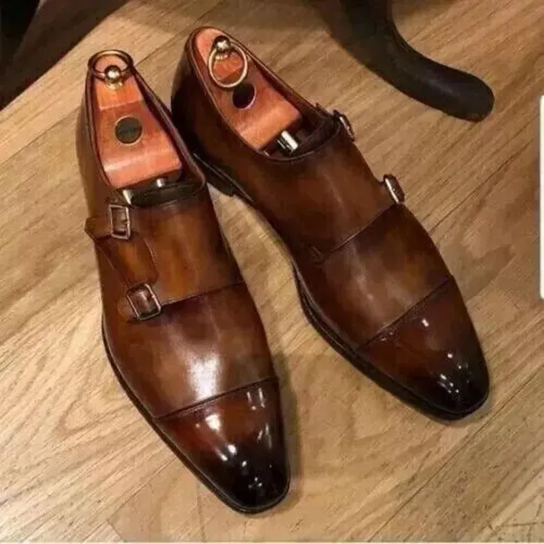 Handmade Men's Genuine Brown Leather Double Monk Strap Formal Dress Shoes Men