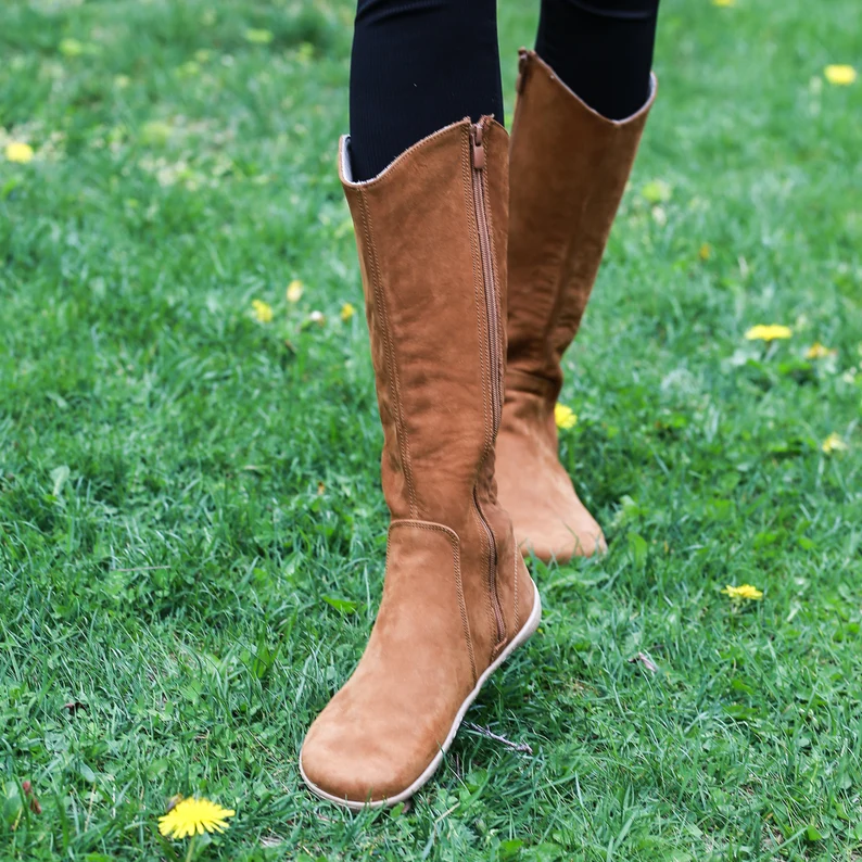 Women Flat KNEE Boots Barefoot Zero Drop TAN NUBUCK Leather Handmade Shoes, 6mm Soft Rubber Outsole WE ARE AINTAP BAREFOOT SHOES