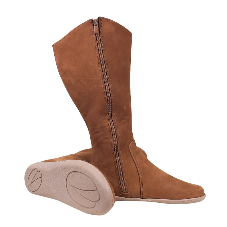 Women Flat KNEE Boots Barefoot Zero Drop TAN NUBUCK Leather Handmade Shoes, 6mm Soft Rubber Outsole WE ARE AINTAP BAREFOOT SHOES - Image 2